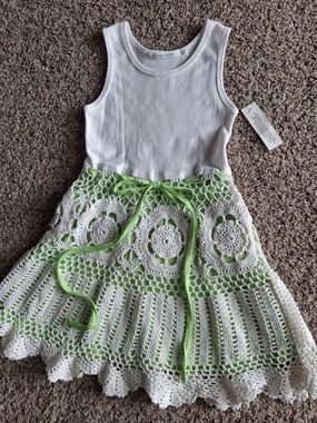 White & Lime Crochet Skirt Casual Dress for Kids